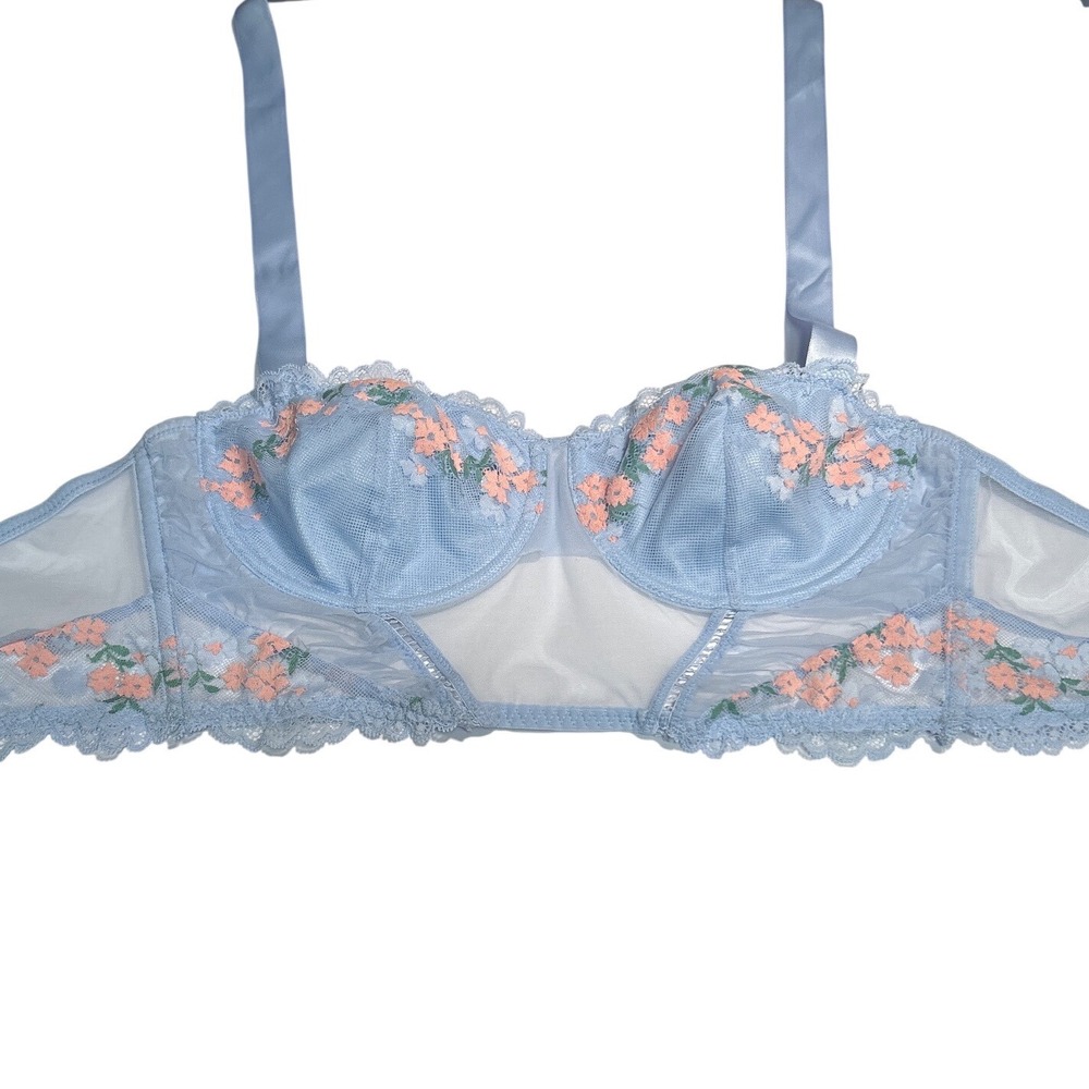Auden Blue Floral Embroidered Mesh Longline Balconette Bra Underwire Medium